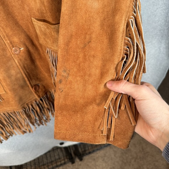 Leather Jacket Womens XL Fringe Brown Button Front Longline 70s Western - Picture 2 of 10
